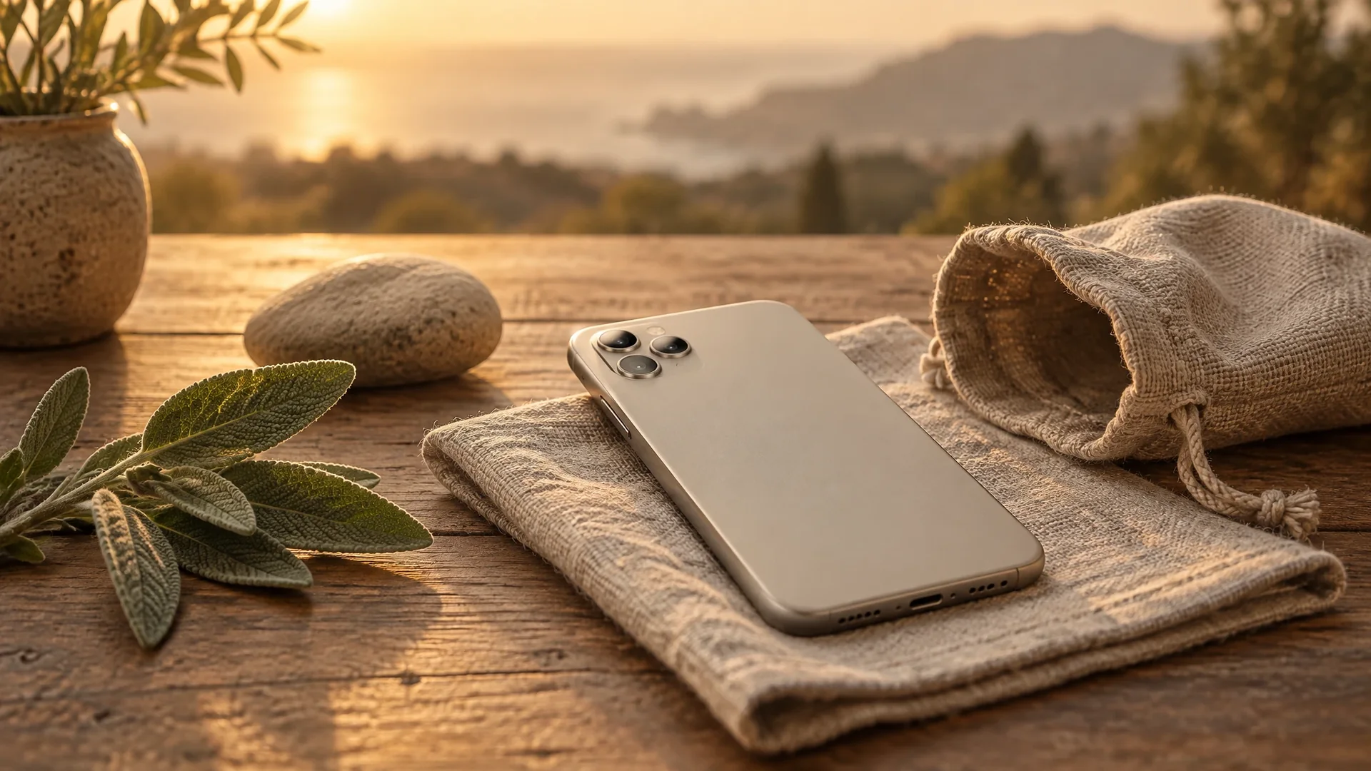 A face-down phone resting on linen beside a sprig of sage